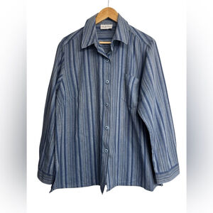Lori Michaels Blue Striped Button Front Shirt Linen Cotton Blend Women’s Large